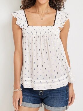 Maurices Smocked Square Neck Tank Top White Blue Western Cottagecore Boho XL